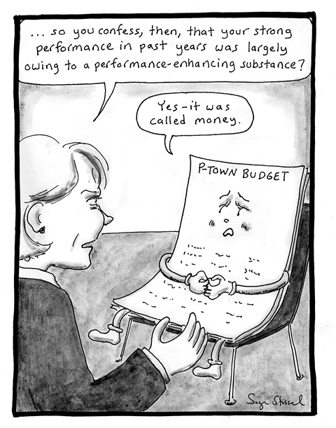 budget deficit, performance enhancing substance, provincetown, economy, recession, cartoon 