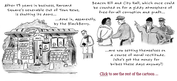 2008 crash, layoffs, east boston tolls, out of town news harvard square, diane wilkerson, chuck turner, obama election, hope and change boston globe cartoon