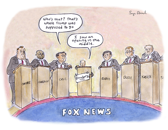 fox republican debate, trump, megyn kelly, putin, bloomberg, billionaire candidate, middle, electorate, candidates, podiums, cartoon