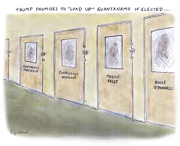 guantanamo, trump, megyn kelly, rosie o'donnell, gop primary, republican candidate, 2016 election, cartoon