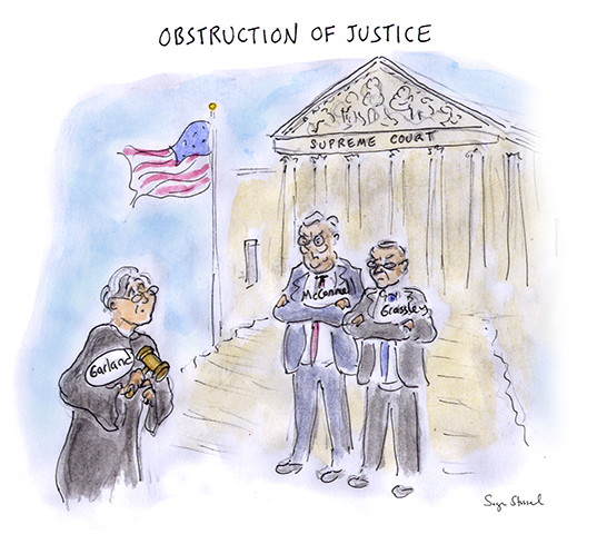 supreme court nominee, merrick garland, obstructionist republican senate, mitch mcconell, chuck grassley, up-or-down vote, hearings, lame duck, cartoon