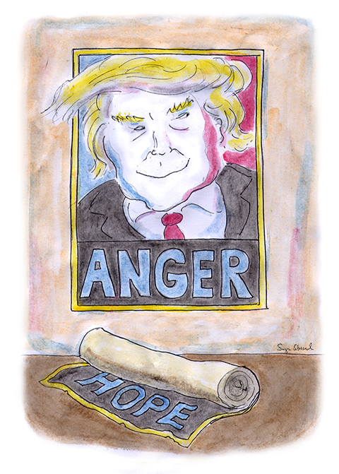 donald trump, shepard fairey, obama, hope and change, anger, voter demographics, fascism, economy, recession, trade, middle class, blue collar, outsourcing, employment, demagogue, cartoon