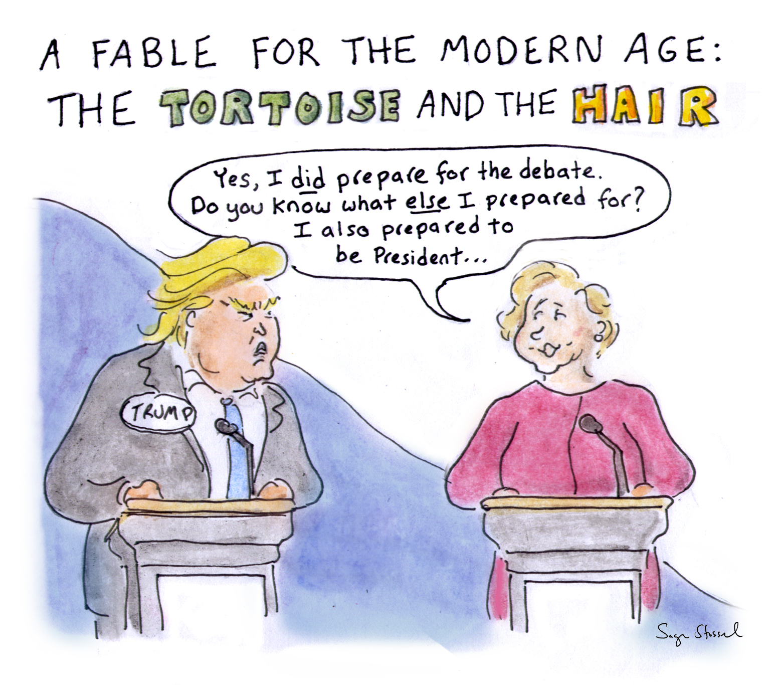 hofstra debate, trump, clinton, rosie o'donnell, debate preparation, interruption, sniff, microphone, lester holt, cartoon