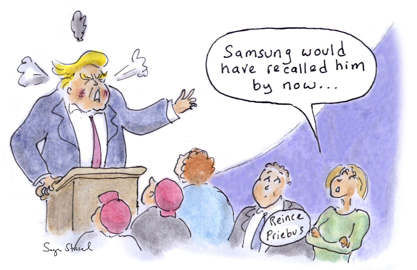 samsung, galaxy note, exploding phones, recall, ntsb airplane ban, trump, groping women, lash out, meltdown, election, cartoon