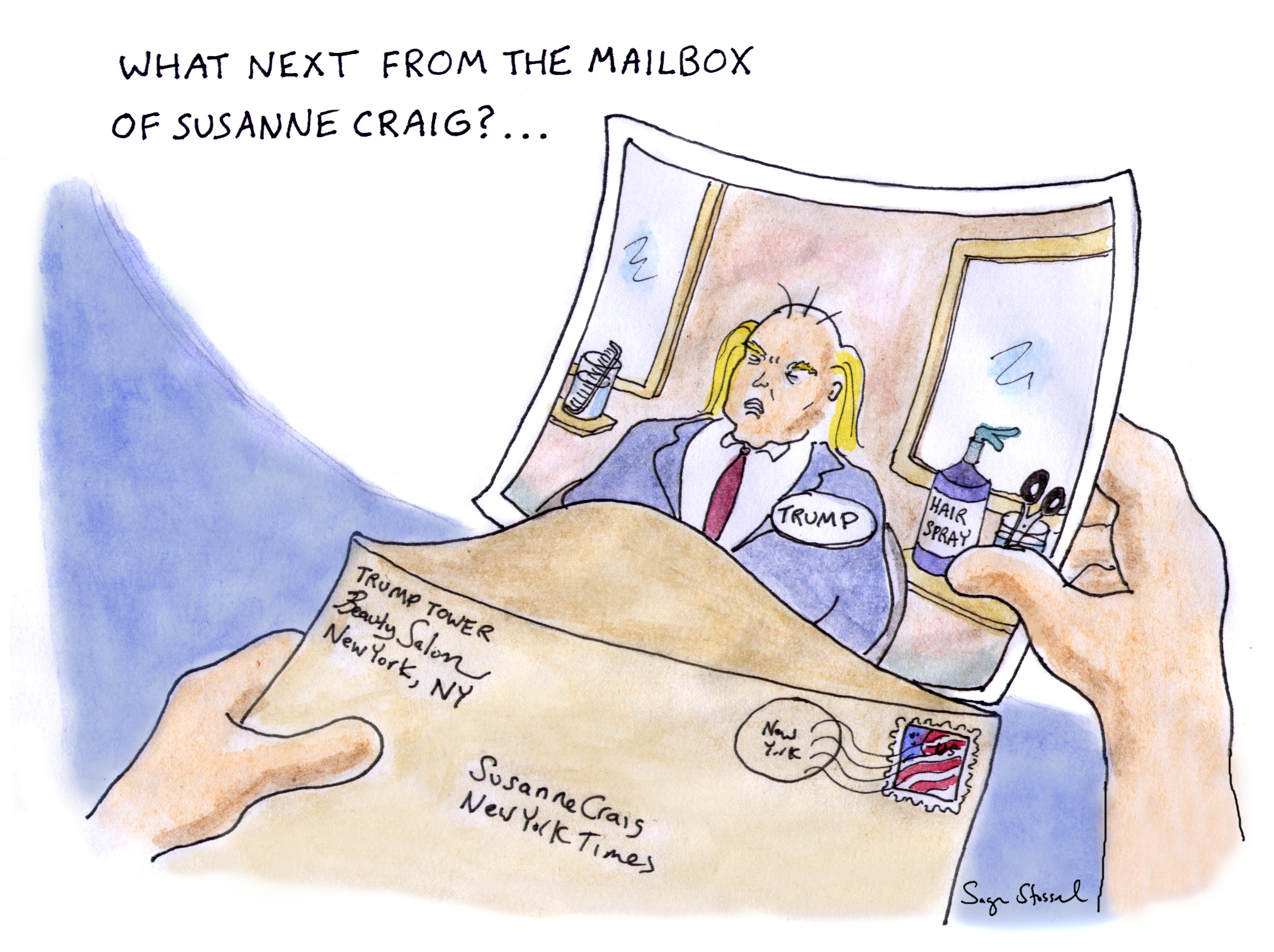 susanne craig mailbox, trump tax returns, combover, trump tower, losing, cartoon