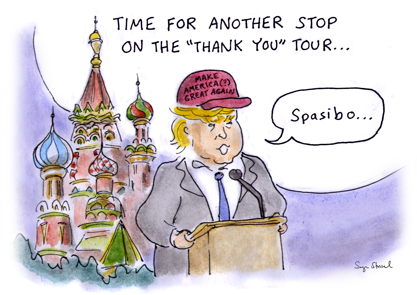 vladimir putin, election hacking, russia, meddling, destabilize, doubt, cia, trump, thank you tour, cartoon