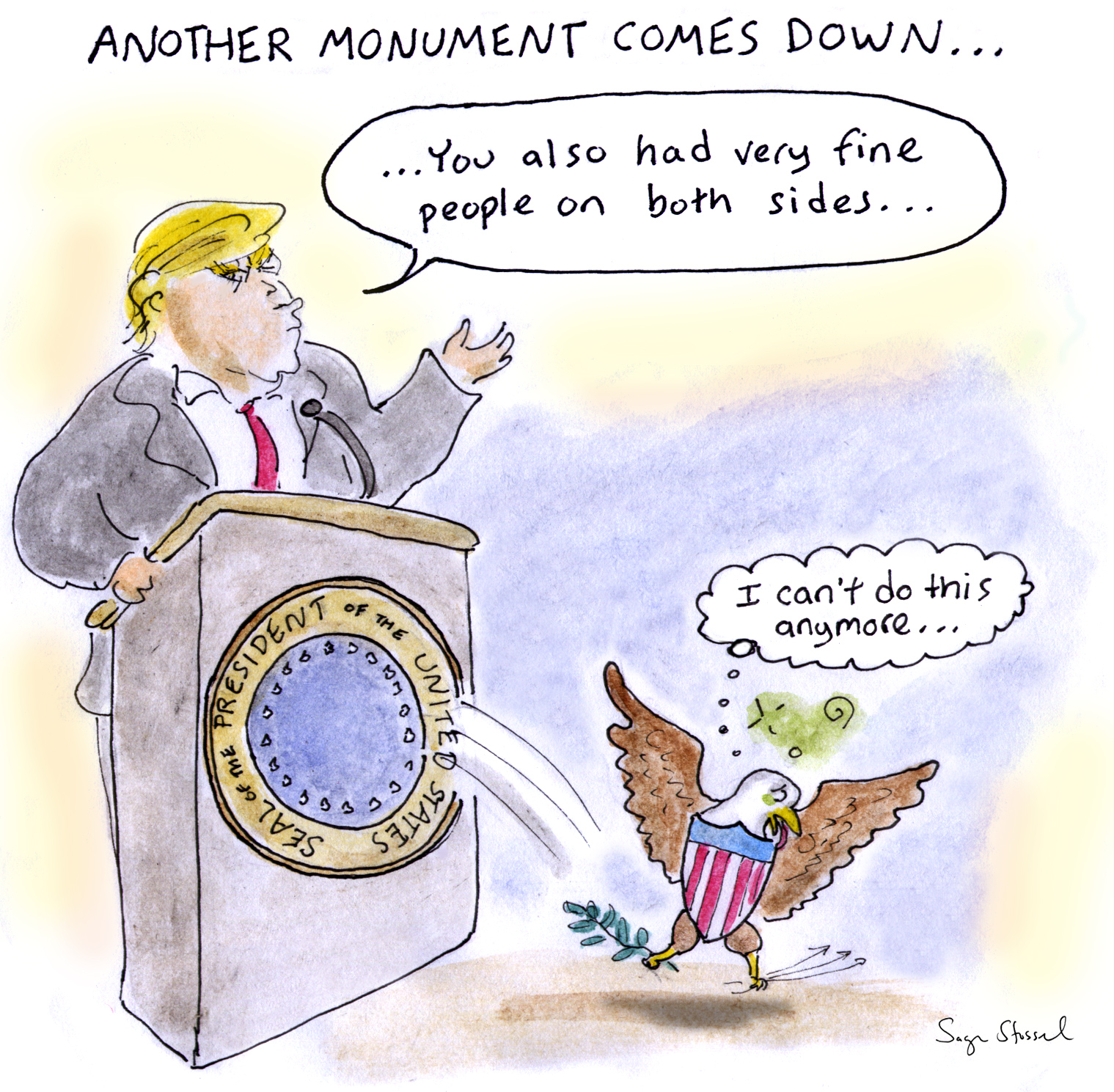 trump press conference, charlottesville, both sides, white supremacists, nazis, civil war monuments, presidential seal, cartoon